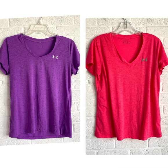 UNDER ARMOUR WOMEN ATHLETIC T-SHIRT SET PINK PURPLE TRAINING V-NECK SMALL - Picture 1 of 11